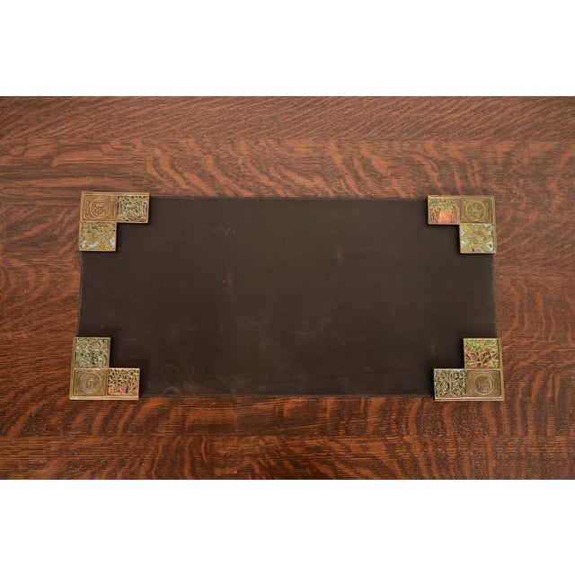 Tiffany Studios New York Bookmark Pattern Bronze Doré and Enamel Blotter Corners With Leather Desk Blotter For Sale - Image 13 of 13