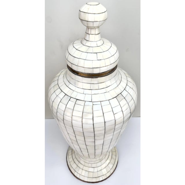 Mid-Century Off-White Mosaic Natural Bone With Brass Inlay Urn or Vase For Sale - Image 4 of 12