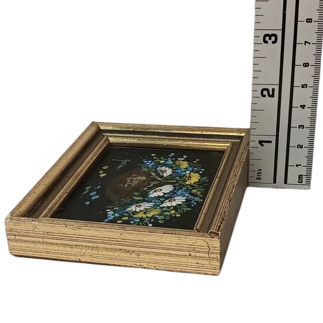 Black 1990s Vivian Hollan Swain Miniature Oil Painting Daisy Flowers in Wicker Basket Signed, Framed For Sale - Image 8 of 9