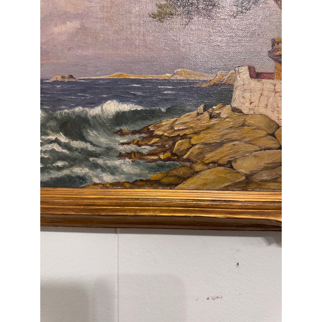 This is a lovely 19th Century French Oil, signed by artist, F. Monnier, circa 1938. It features a coastal landscape of...