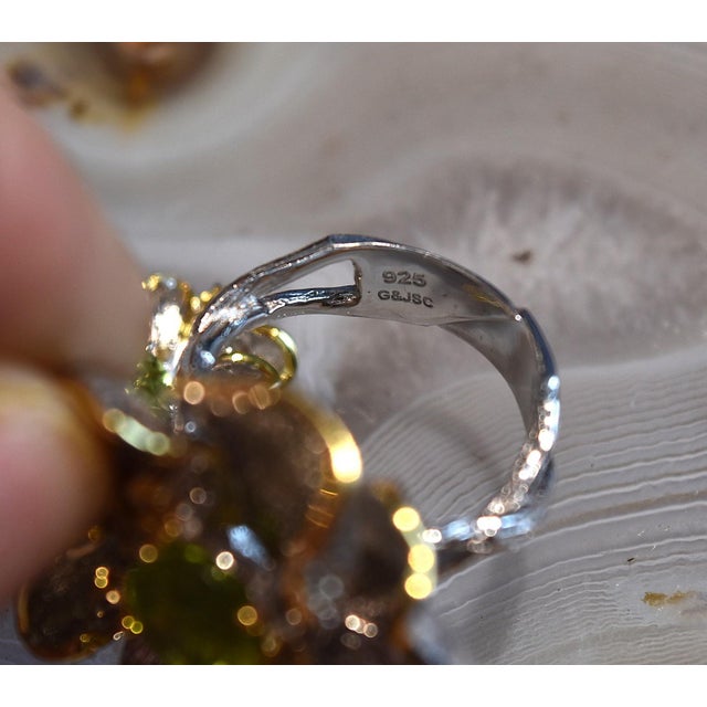 Artisan Peridot Citrine Flower Adjustable Ring Sterling Silver, Size 7.25 For Sale - Image 14 of 15