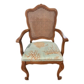 1964 French Style Louis XV Armchair With Caned Back and Thibaut “Coral Gables” Upholstered Seat For Sale