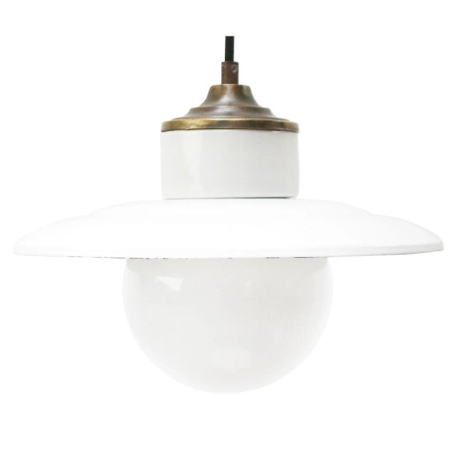 White Vintage White Enamel, Opaline Glass, Porcelain & Brass Pendant Lamp For Sale - Image 8 of 8