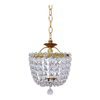 1950s Italian Brass and Crystal Rosettes Rim Basket Chandelier For Sale