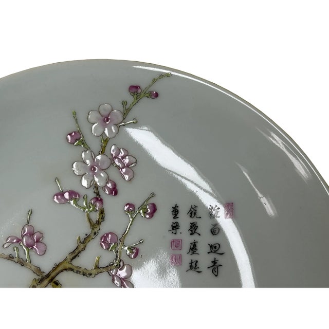 Chinese Pink Blossom Flower White Porcelain Plate Display Art For Sale - Image 9 of 9