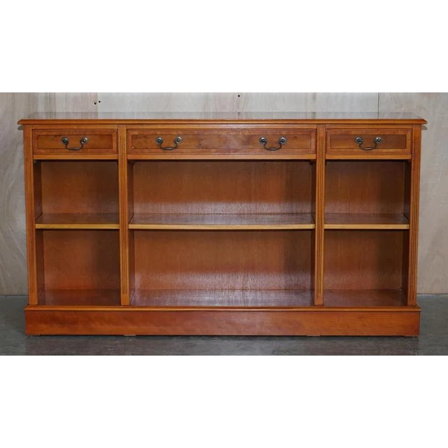 Burr Yew Wood Dwarf Open Bookcase or Sideboard with Three Large Drawers For Sale - Image 3 of 16