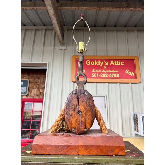 Wood Vintage Double Block & Tackle Rustic Industrial Nautical Lamp For Sale - Image 7 of 12