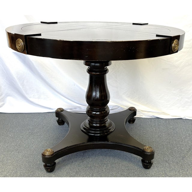 Chocolate Vintage Neoclassical Style Round Pedestal Table With Brass Medallion Accents For Sale - Image 8 of 17