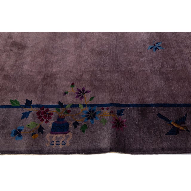 2010s Antique Chinese Art Deco Rug Plum Purple Wool Floral & Bird Motif 9x12 For Sale - Image 5 of 11
