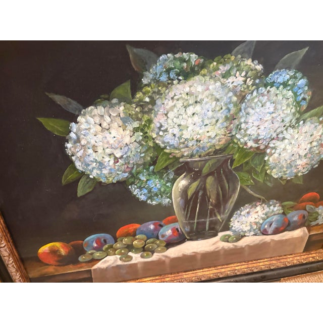 Vintage Hydrangeas and Fruit Still Life Oil on Canvas For Sale - Image 4 of 10