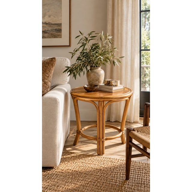 Brown Late 20th Century Bamboo and Rattan Round Side Table With Inset Wood Top For Sale - Image 8 of 8