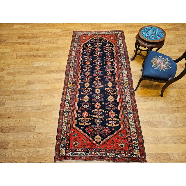 Navy Blue Vintage Persian Malayer Runner Rug, Hand-Knotted Wool, Geometric Pattern, 4x9, Navy & Red For Sale - Image 8 of 12