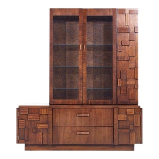 Lane Staccato Brutalist Mid Century Walnut Credenza and Hutch For Sale