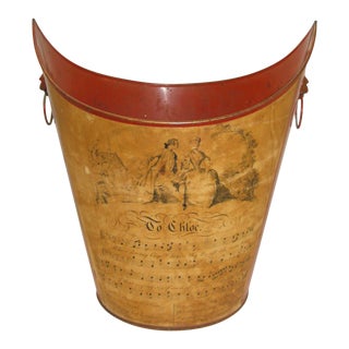 Vintage Red Tole Waste Basket With Musical Print & Lion Heads For Sale