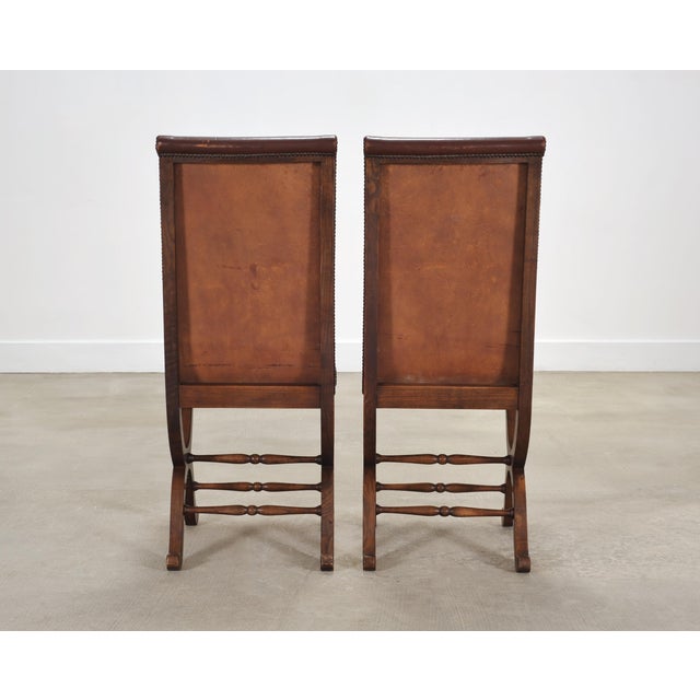 Set of Eight French Provincial Leather Oak Curule Dining Chairs For Sale - Image 17 of 18