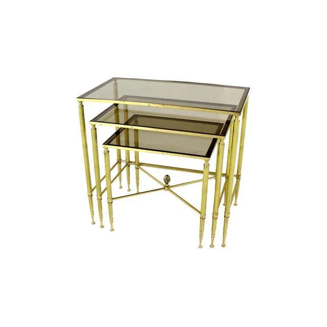 Mid-Century Modern Mid-Century Modern Solid Brass Smoked Glass Nesting Stacking Tables - Set of 3 For Sale - Image 3 of 7