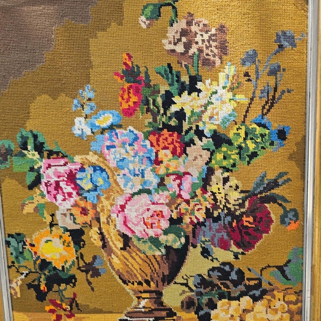 Mid-Century Modern Vintage Needlepoint Floral Still Life Wall Art Gold Frame Large 29x22" Yellow For Sale - Image 3 of 11