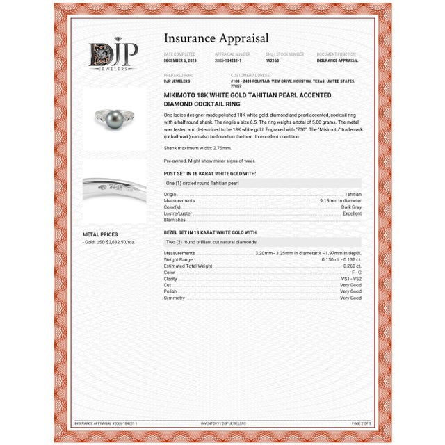 Metal Mikimoto 18k White Gold Tahitian Pearl Accented Diamond Cocktail Ring For Sale - Image 7 of 7