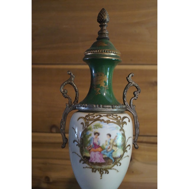 French Early 20th Century French Sevres Style Porcelain and Bronze Mantle Urns - A Pair For Sale - Image 3 of 13