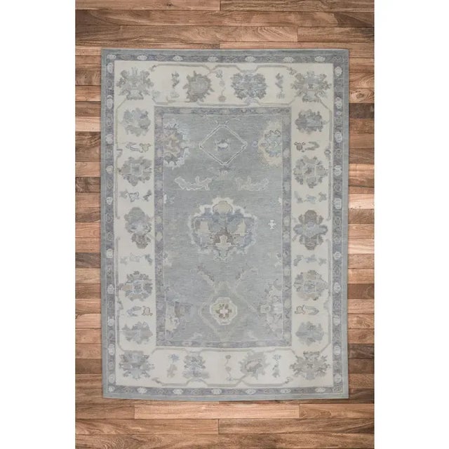 Turkish Oushak Runner Rug Gray & Blue Handwoven Rug 4'11" X 6'10" For Sale In Houston - Image 6 of 6