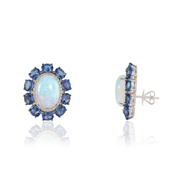 VR Jewels 18k White Gold 14.24ct Fire Opal & Blue Sapphire Cluster Diamond Vintage Earrings- A Pair For Sale - Image 4 of 18