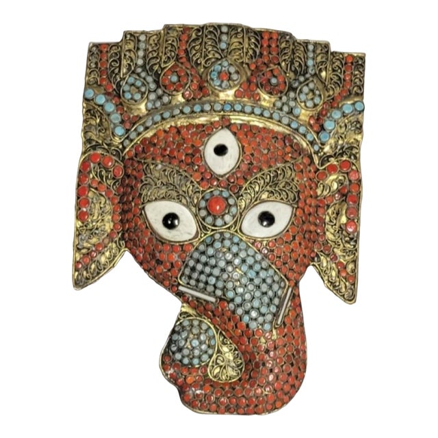 Vintage Nepalese Elephant Ganesh Wall Mask With Gold Gilt, Red & Turquoise Glass Inlay For Sale