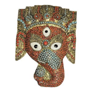 Vintage Nepalese Elephant Ganesh Wall Mask With Gold Gilt, Red & Turquoise Glass Inlay