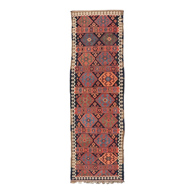 Antique Shahsevan Kilim Gallery Runner With Bold Colorful Geometric Tribal Motifs 4'3 X 14'5 For Sale