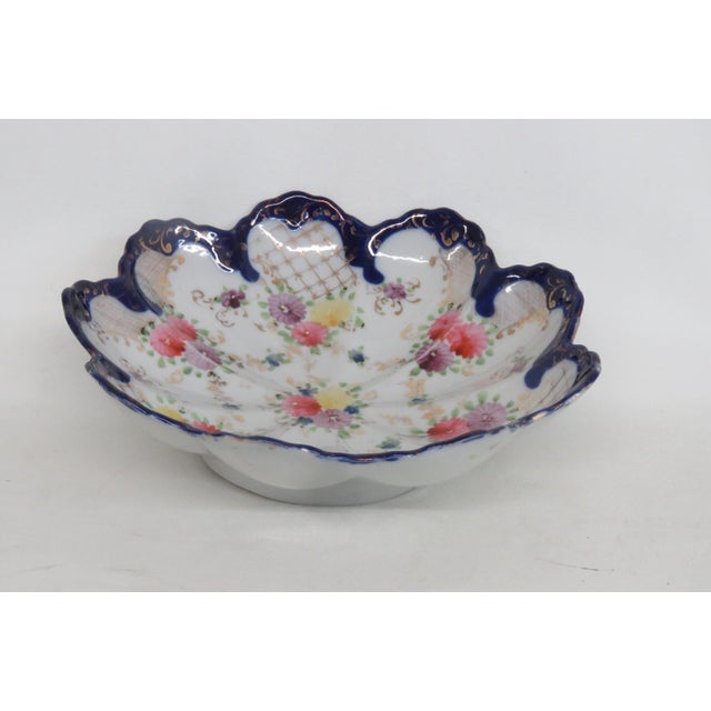 Victorian Floral Scalloped Porcelain Bowl With Blue Trim and Gold Lattice Details 4839b For Sale - Image 3 of 14