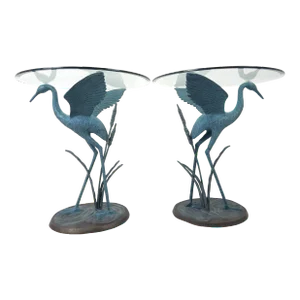 Metal Egret Side Tables With Glass Tops - a Pair