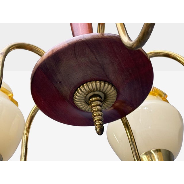 1950s Swedish Modern, Chandelier, Brass, Wood, Yellow Glass For Sale - Image 10 of 11