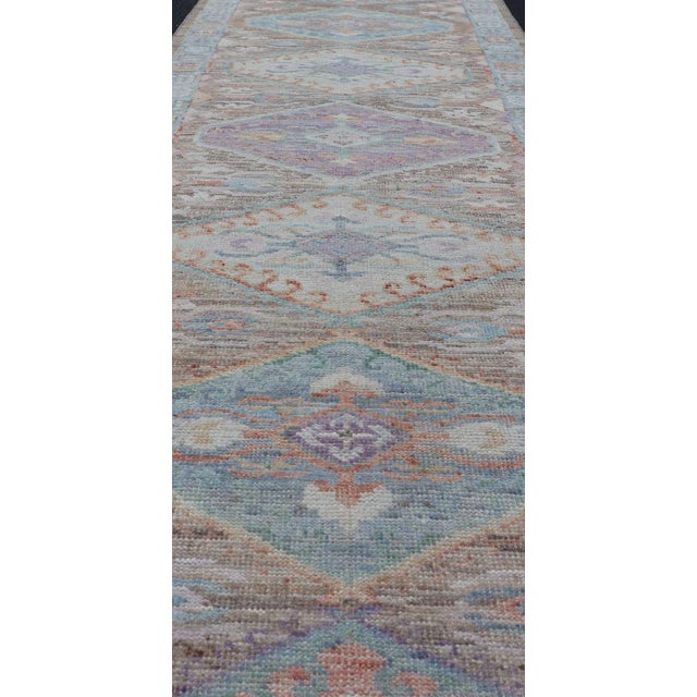 Hand Knotted Modern Oushak Geometric Medallion Designed Runner. Hand Knotted Modern Oushak Medallion Designed Runner,...