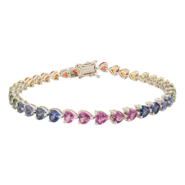 Colorful Multi Sapphire Vintage Heart Bracelet in 14k Solid Gold For Sale