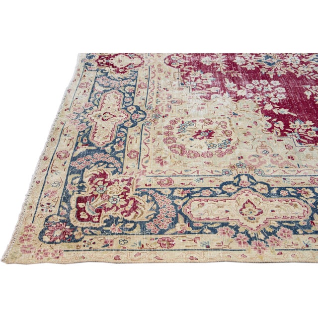 Vintage Distressed Handmade Medallion Red Wool Rug For Sale - Image 4 of 8