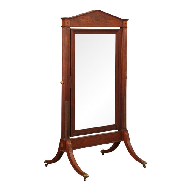Antique 19th Century Empire Style Mahogany Cheval Mirror On Brass Paw Feet For Sale