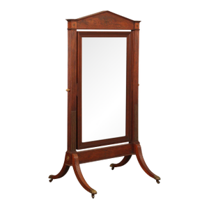 Antique 19th Century Empire Style Mahogany Cheval Mirror On Brass Paw Feet