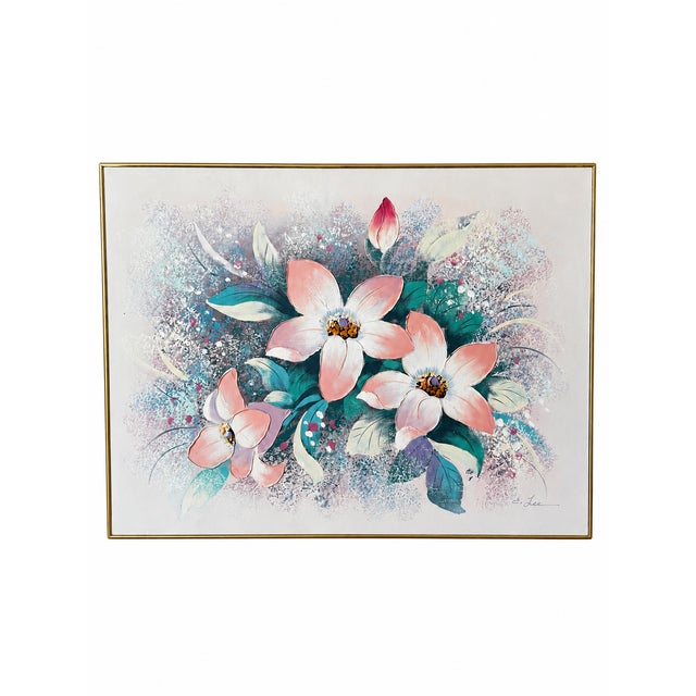 A large, signed floral painting featuring blush pink and ivory blossoms surrounded by sweeping teal, green, and lavender...