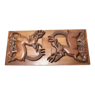 Antique Hand Carved Figural Deer Wood Expandable Collapsable Shelf Bookend For Sale