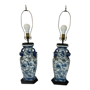 Pair of Antique Blue and White Floral Crackle-Glaze Vase Lamps With Floral Sculptural Handles