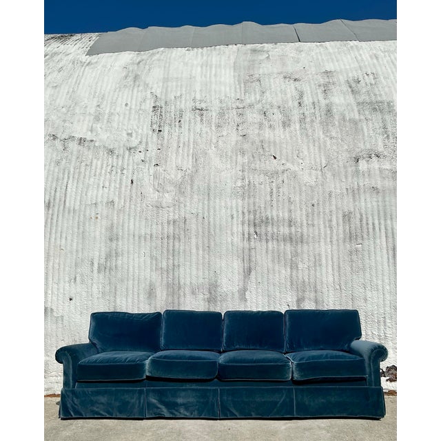 Cerulean Vintage Regency Cerulean Velvet Down Long Sofa After Ferrell For Sale - Image 8 of 12