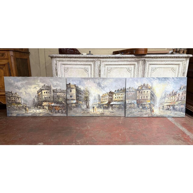 This colorful set of three vintage oil paintings captures the lively atmosphere and architectural character of Paris....