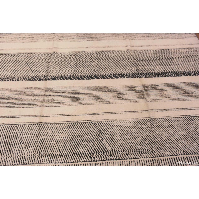 Cream And Black Handmade Wool Pile Abstract Contemporary Modern Area Rug For Sale In New York - Image 6 of 7