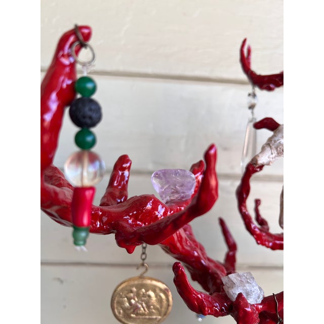 Wunderkammer-Style High-Quality Faux Red Coral Decorative Sculpture With Antique Pendants Handpainted Vase & Marble Base For Sale - Image 12 of 17