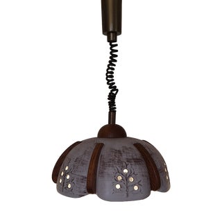 Vintage Height-Adjustable Ceiling Lamp with Beige Ceramic Shade and Oak Wood Segments from Fischer-Leuchten, 1980s For Sale