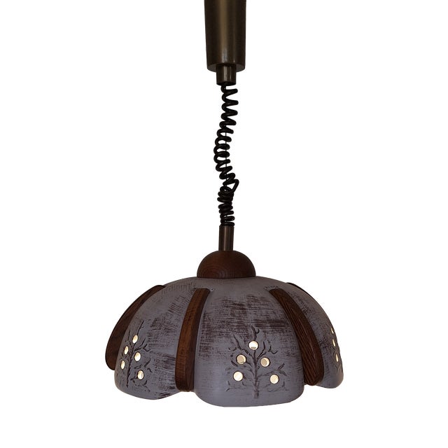 Vintage Height-Adjustable Ceiling Lamp with Beige Ceramic Shade and Oak Wood Segments from Fischer-Leuchten, 1980s For Sale