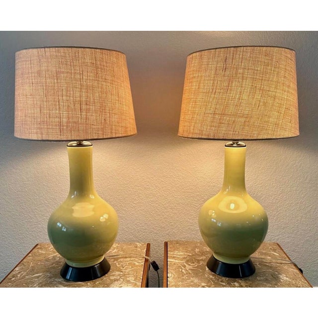 Ceramic 1940s Pair of MCM Designer Richard Lindley Melrose Place Celadon Porcelain Table Lamps For Sale - Image 7 of 13