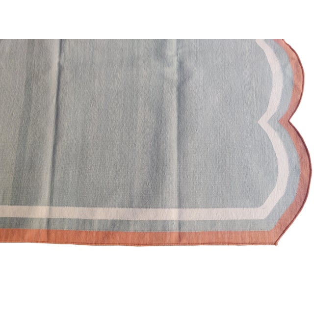 Contemporary Handmade Cotton Scalloped Rug, Grey with Cream and Terra Cotta Border 8'x10' For Sale - Image 3 of 8