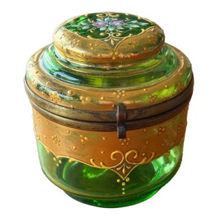 Victorian Moser Art Green Glass and Enamel Bohemian Dresser Box For Sale
