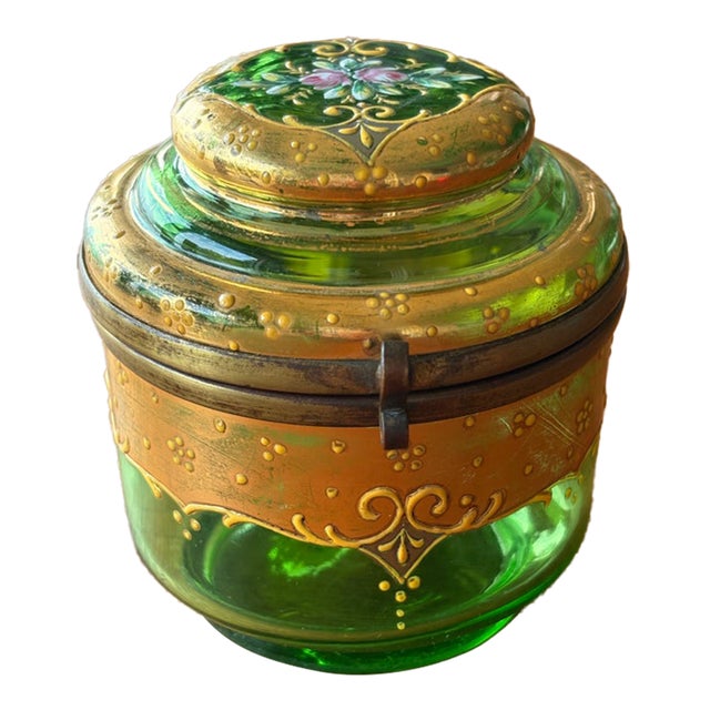 Victorian Moser Art Green Glass and Enamel Bohemian Dresser Box For Sale