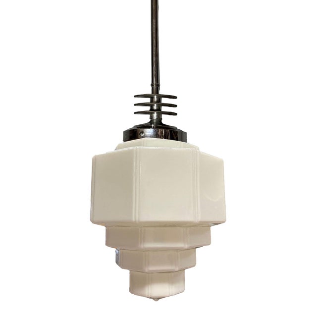 1930s Art Deco Chrome Streamline Pendant Light W/ Stepped Milk Glass Shade For Sale - Image 4 of 5